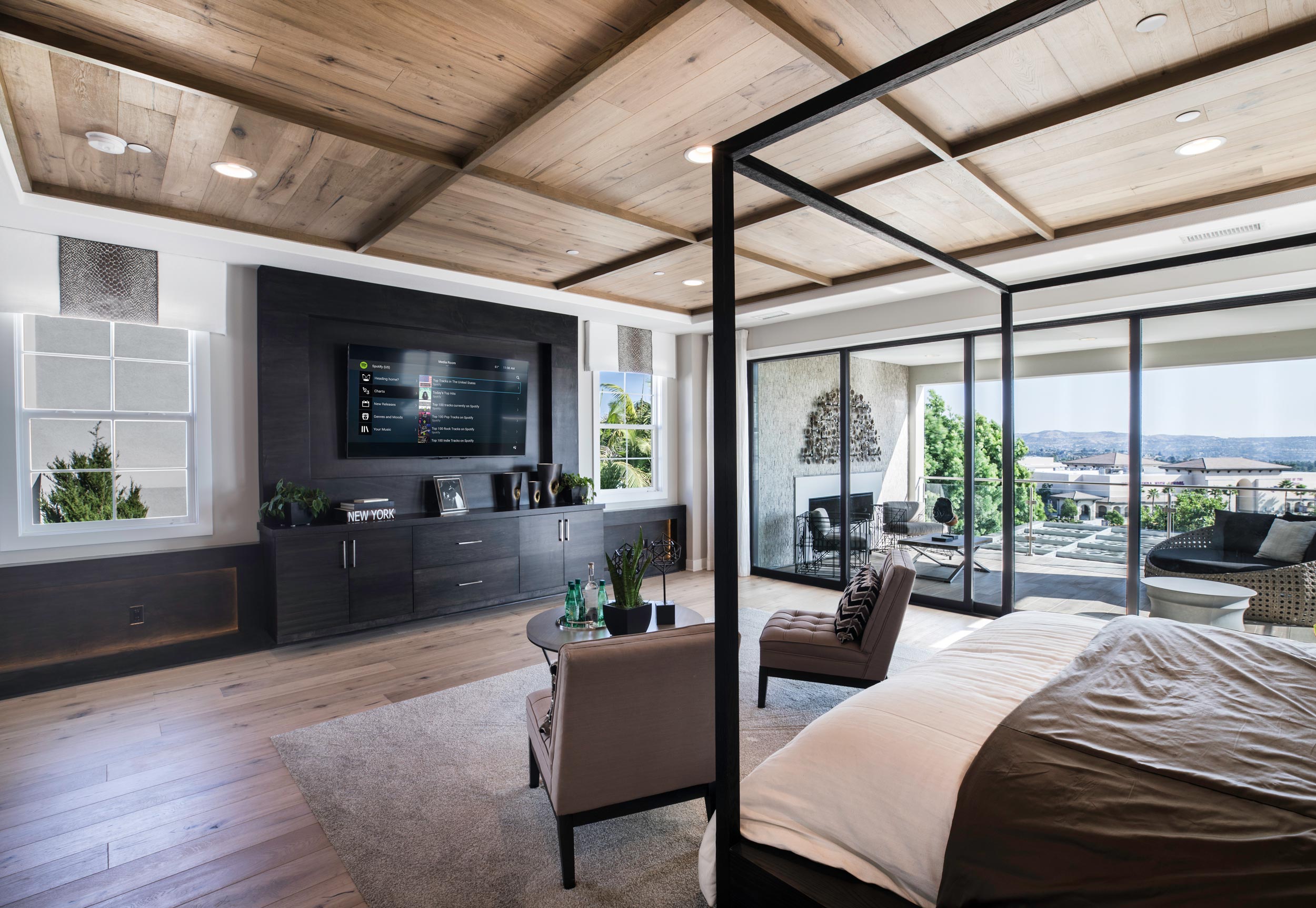 Bedroom with wooden ceiling