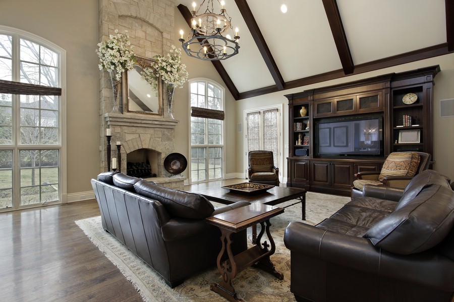 Photo is of a smart home living room with brown leather color scheme.