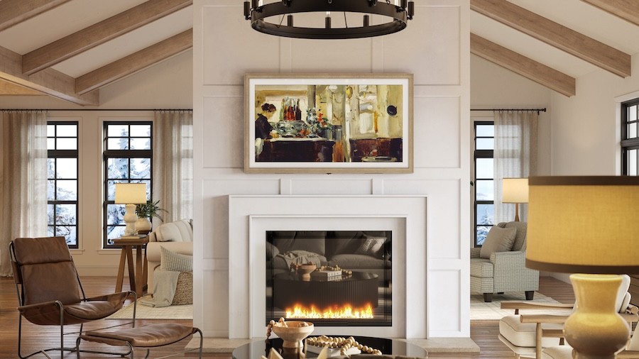 A living room with lighting elements, including a fireplace.